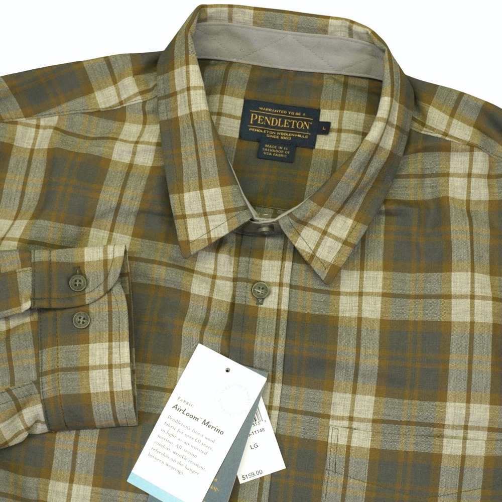 Pendleton Lodge Button Shirt Mens Large Grey Brown Plaid AirLoom Merino Wool